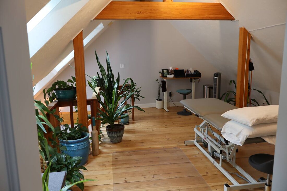Sunlit upstairs treatment loft with exposed beams, treatment table, and plants