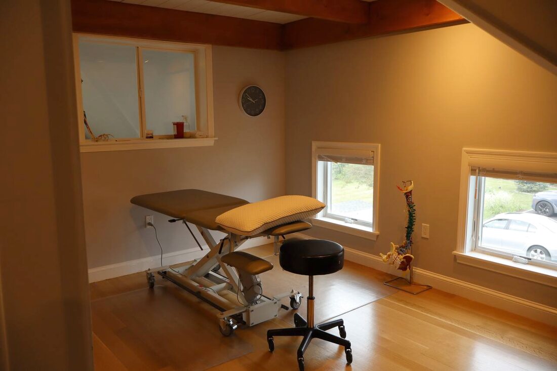 Private treatment room with adjustable table, clinician stool, and anatomical spine model